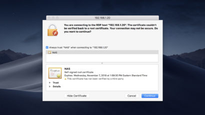 Microsoft Remote Desktop for Mac: Always Trust Certificate