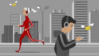 Distracted walking running headphones city