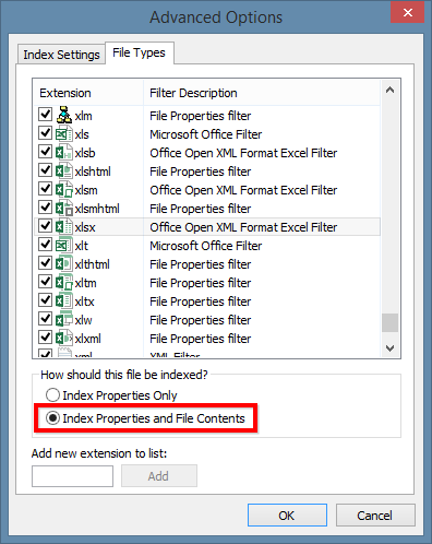 Windows Search Control Panel Advanced Indexing Options