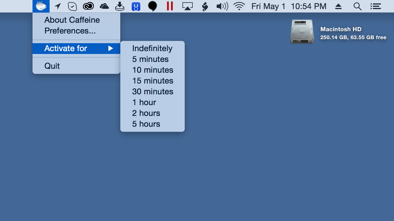 You can set a default duration in Caffeine's Preferences, or a per-session duration from the Menu Bar
