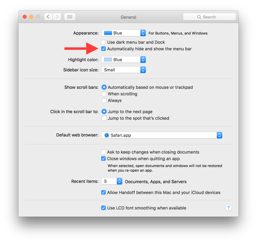 hide menu bar os x el captian